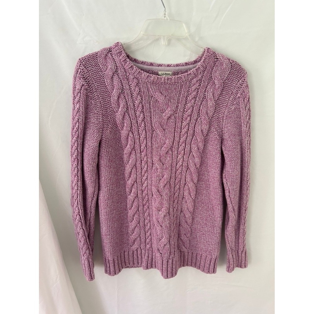 LL Bean Womens Purple Cable Knit Cotton Sweater Crew Neck Lilac 517898 Size M